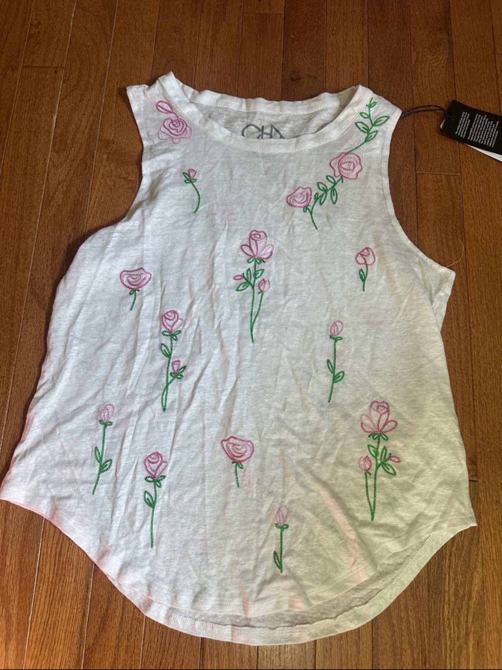 NWT Chaser White  Sleeveless  Linen Top with Rose Embroidery and Green Stem - Picture 4 of 4